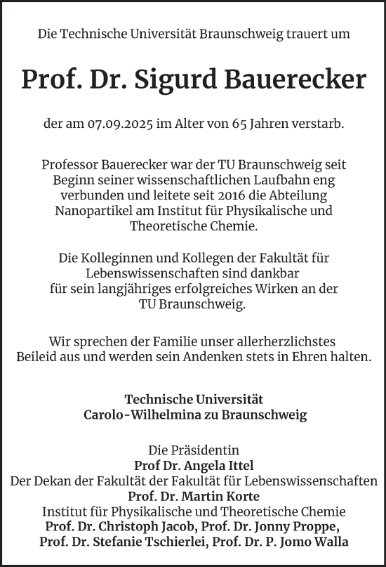 Traueranzeige von Sigurd Bauerecker von Braunschweiger Zeitung