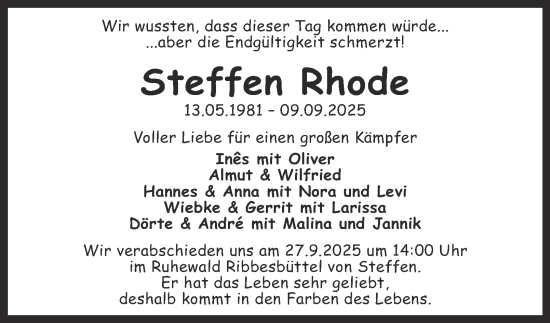 Traueranzeige von Steffen Rhode von Braunschweiger Zeitung, Wolfsburger Nachrichten