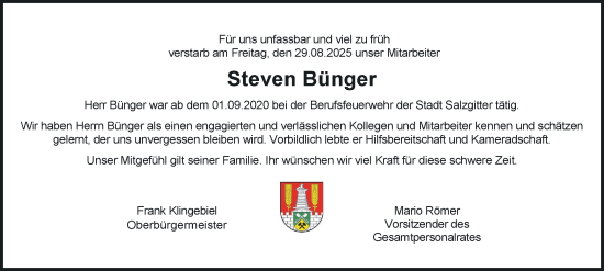 Traueranzeige von Steven Bünger von Salzgitter-Zeitung