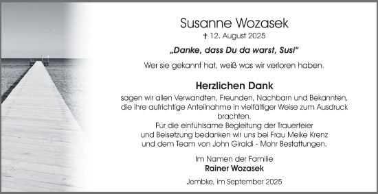 Traueranzeige von Susanne Wozasek von Braunschweiger Zeitung, Wolfsburger Nachrichten