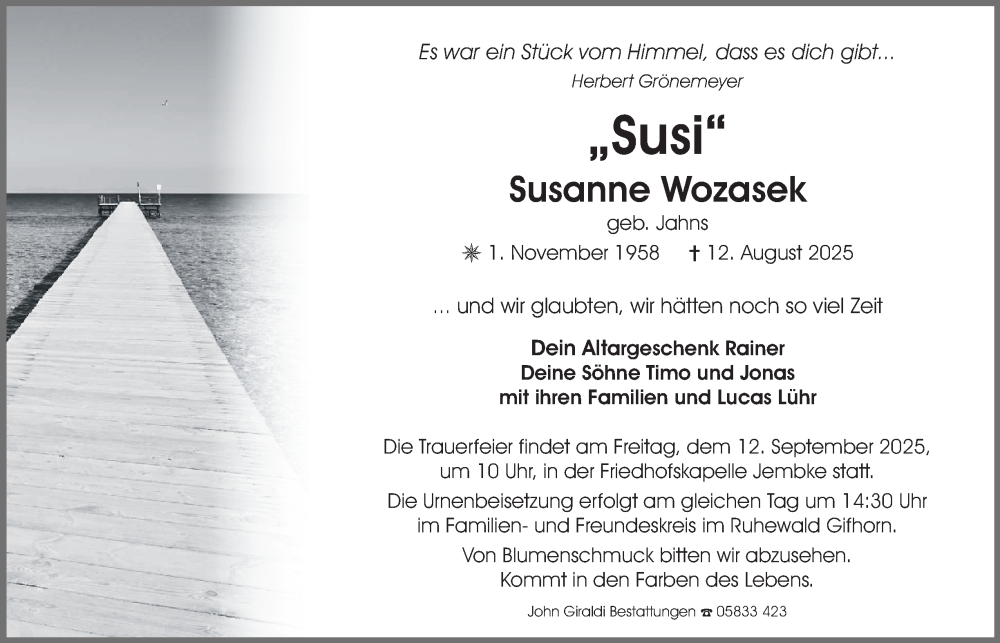  Traueranzeige für Susanne Wozasek vom 06.09.2025 aus Braunschweiger Zeitung, Wolfsburger Nachrichten
