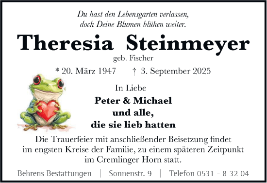 Traueranzeige von Theresia Steinmeyer von Braunschweiger Zeitung