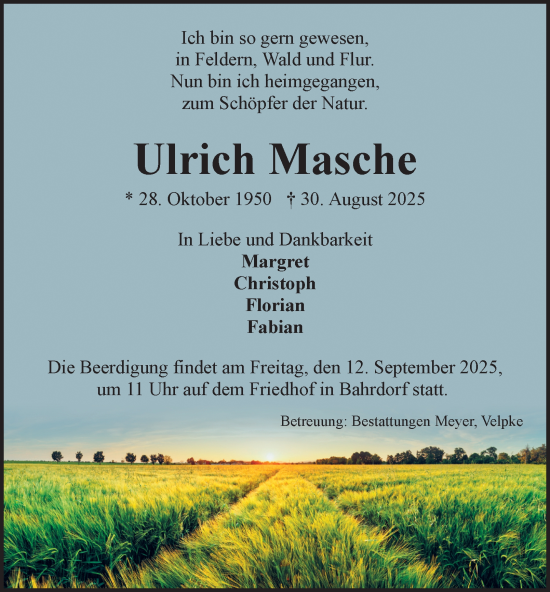 Traueranzeige von Ulrich Masche von Helmstedter Nachrichten