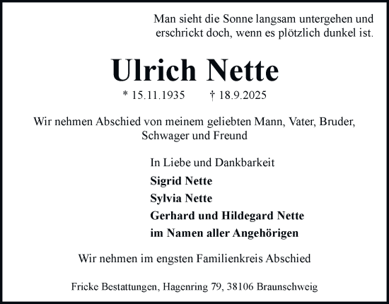 Traueranzeige von Ulrich Nette von Braunschweiger Zeitung