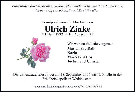 Traueranzeige von Ulrich Zinke von Braunschweiger Zeitung