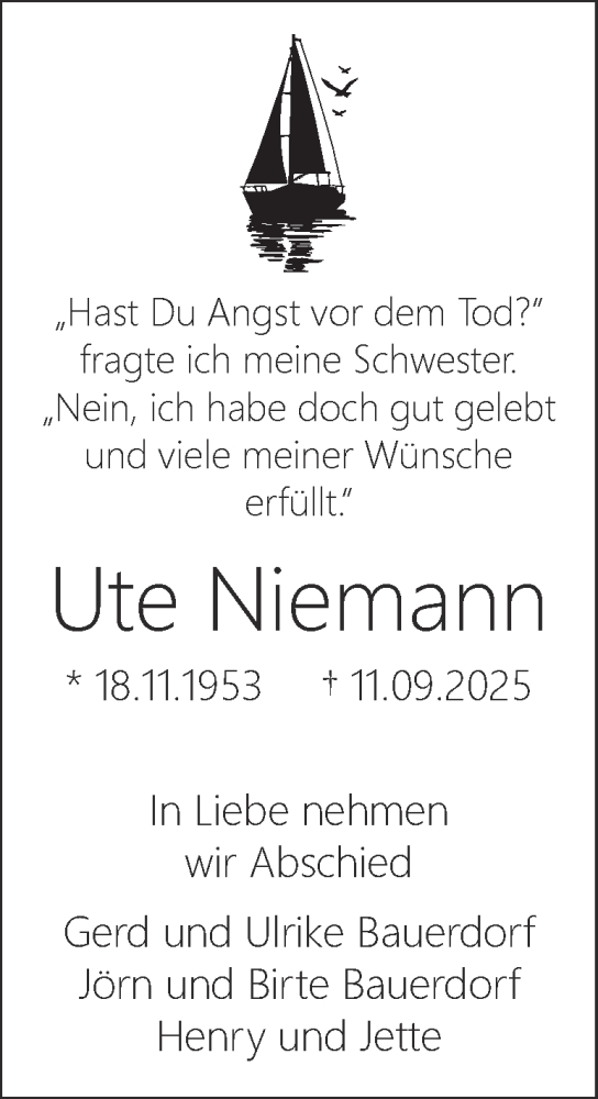  Traueranzeige für Ute Niemann vom 20.09.2025 aus Braunschweiger Zeitung