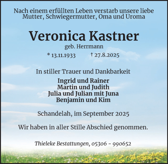 Traueranzeige von Veronica Kastner von Wolfenbütteler Zeitung
