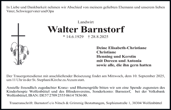 Traueranzeige von Walter Barnstorf von Wolfenbütteler Zeitung
