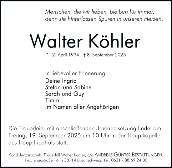 Traueranzeige von Walter Köhler von Braunschweiger Zeitung