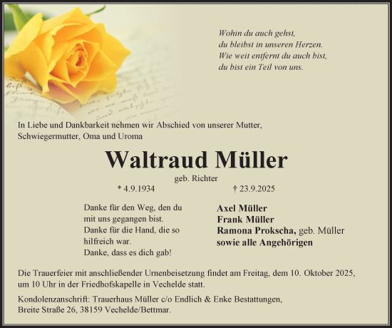 Traueranzeige von Waltraud Müller von Peiner Nachrichten
