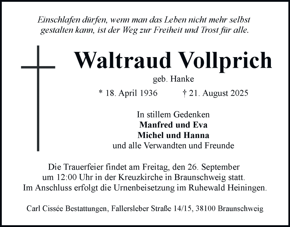  Traueranzeige für Waltraud Vollprich vom 20.09.2025 aus Braunschweiger Zeitung