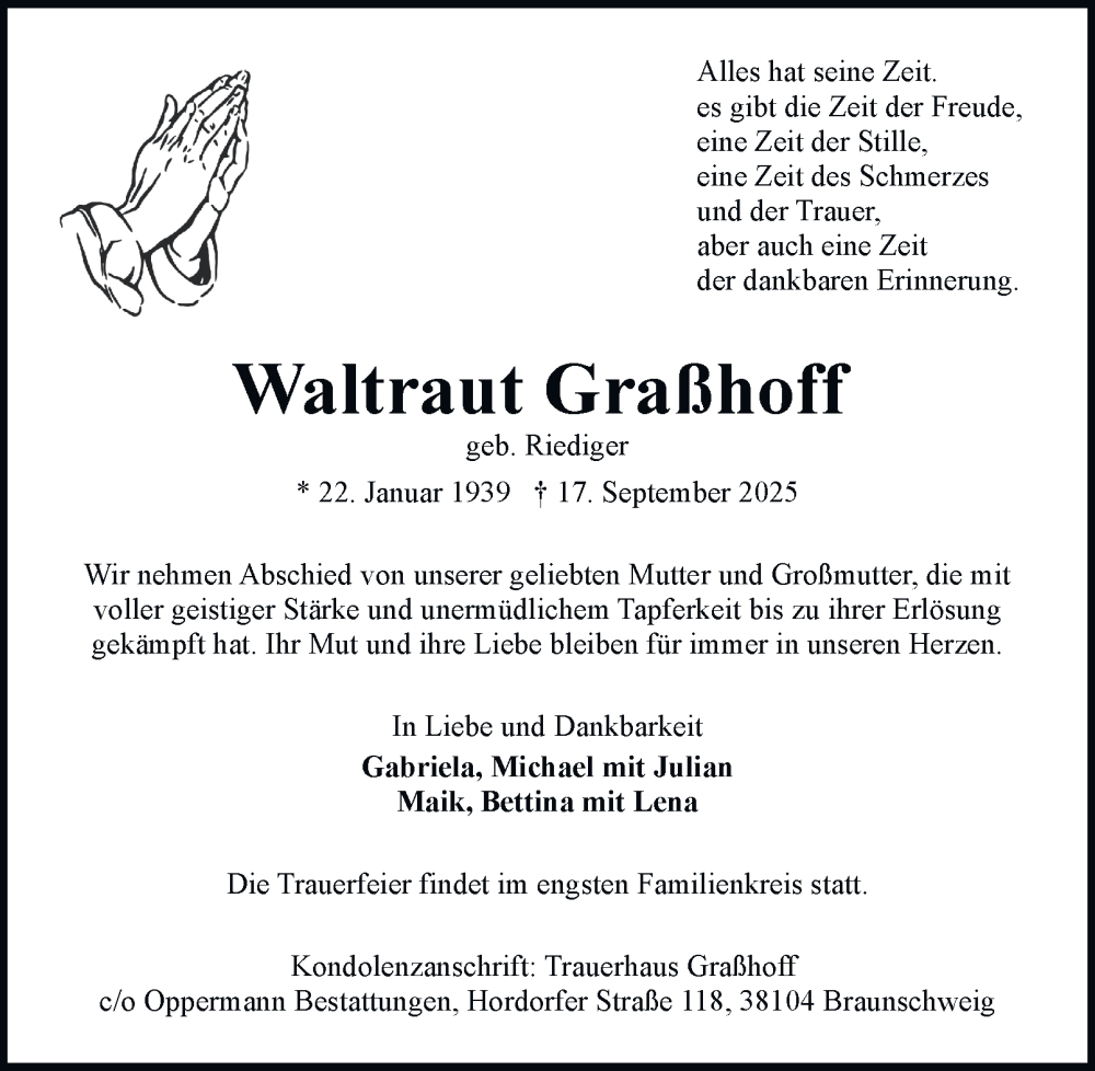  Traueranzeige für Waltraut Graßhoff vom 20.09.2025 aus Wolfenbütteler Zeitung