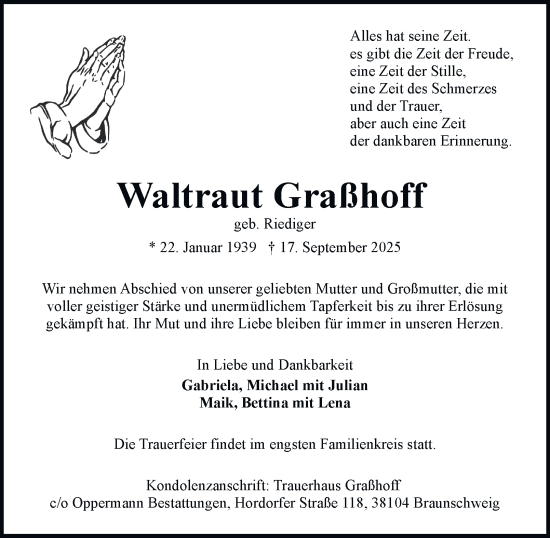 Traueranzeige von Waltraut Graßhoff von Wolfenbütteler Zeitung