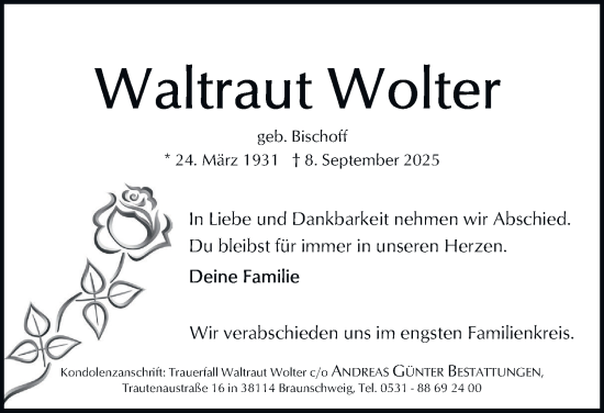 Traueranzeige von Waltraut Wolter von Braunschweiger Zeitung