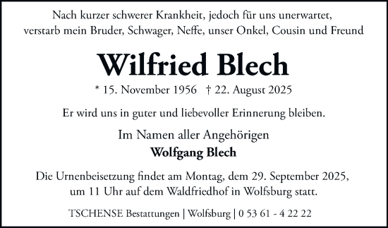 Traueranzeige von Wilfried Blech von Braunschweiger Zeitung, Wolfsburger Nachrichten