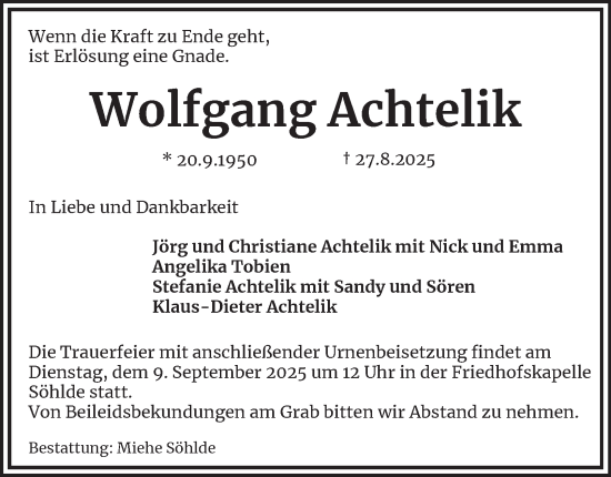 Traueranzeige von Wolfgang Achtelik von Braunschweiger Zeitung