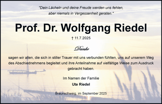 Traueranzeige von Wolfgang Riedel von Braunschweiger Zeitung