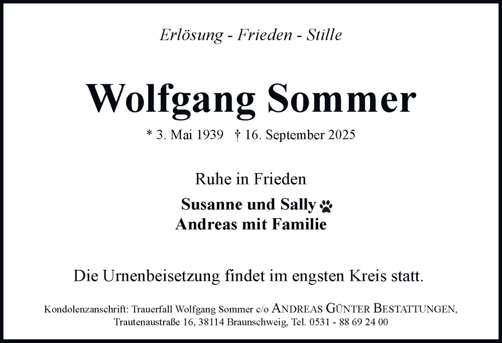  Traueranzeige für Wolfgang Sommer vom 20.09.2025 aus Braunschweiger Zeitung