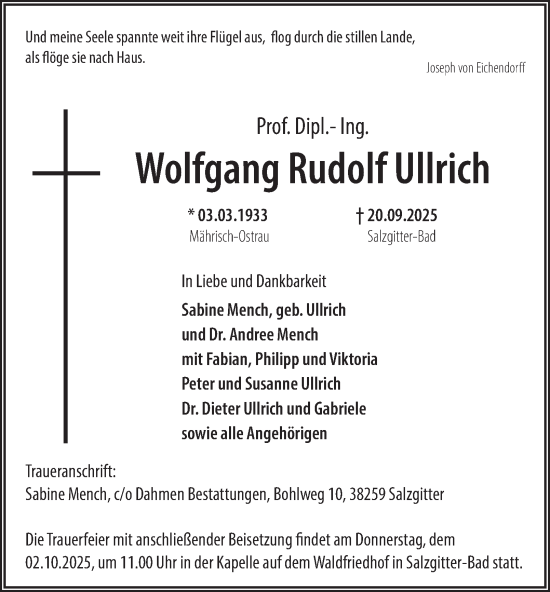 Traueranzeige von Wolfgang Rudolf Ullrich von Salzgitter-Zeitung