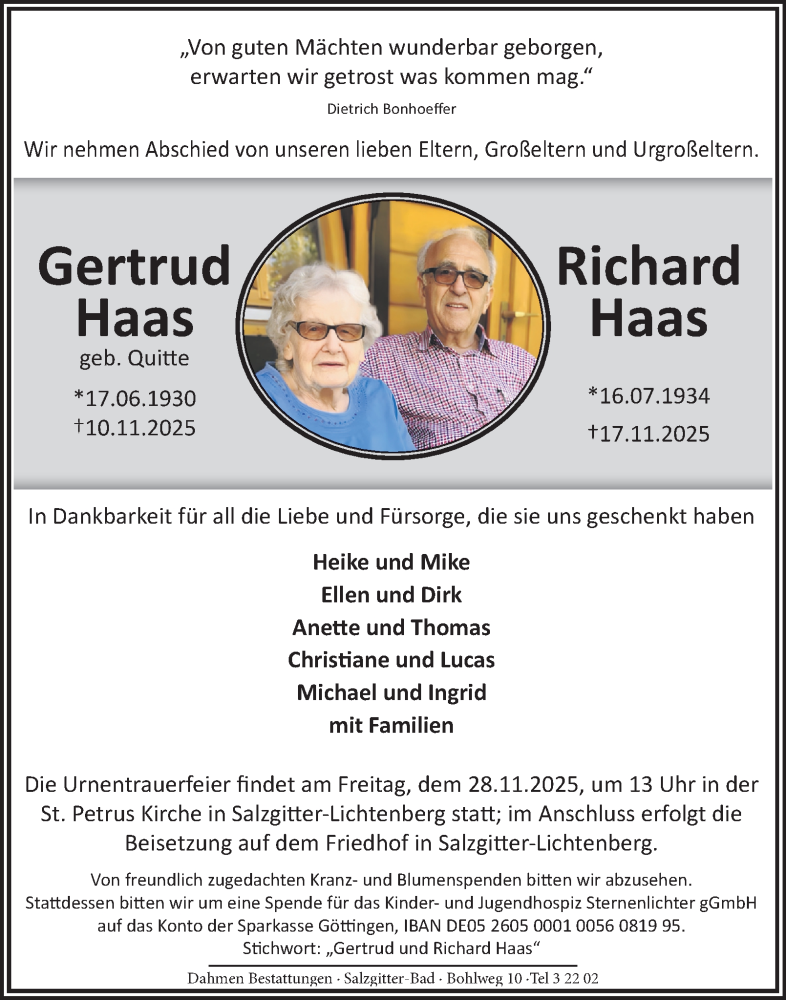  Traueranzeige für Gertrud Haas  vom 22.11.2025 aus 