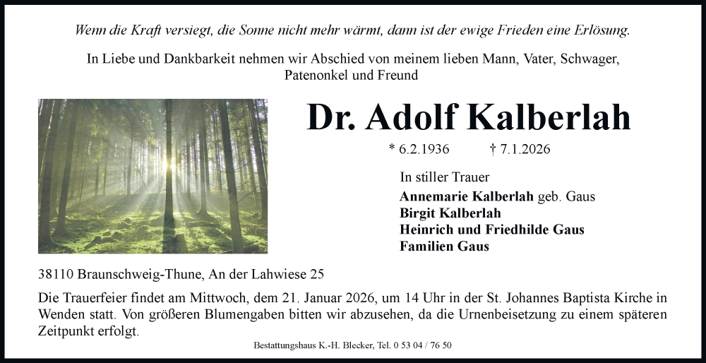  Traueranzeige für Adolf Kalberlah vom 17.01.2026 aus Braunschweiger Zeitung