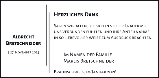 Traueranzeige von Albrecht Bretschneider von Braunschweiger Zeitung