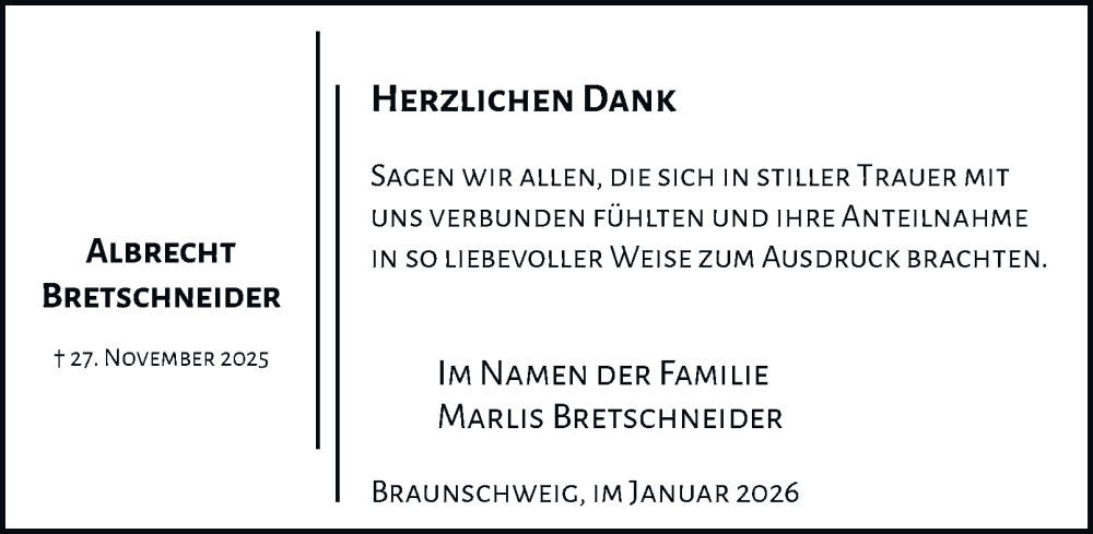  Traueranzeige für Albrecht Bretschneider vom 10.01.2026 aus Braunschweiger Zeitung