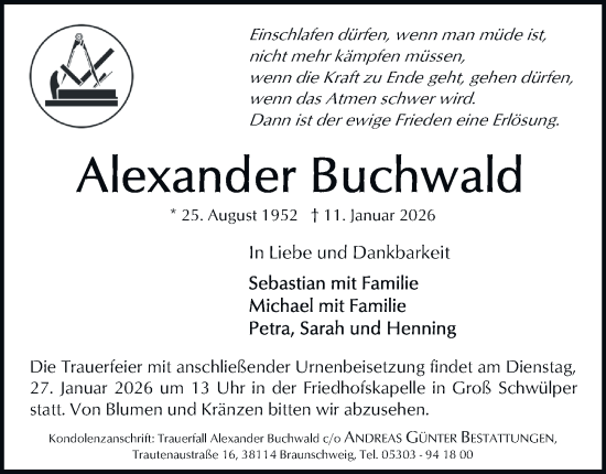Traueranzeige von Alexander Buchwald von Braunschweiger Zeitung