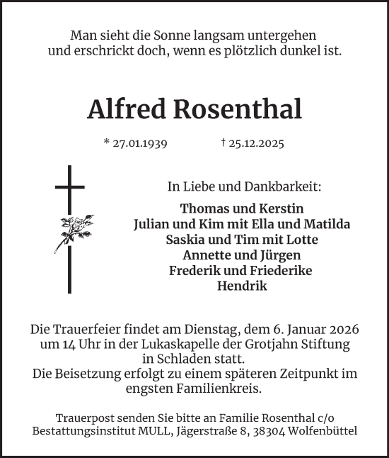 Traueranzeige von Alfred Rosenthal von Wolfenbütteler Zeitung