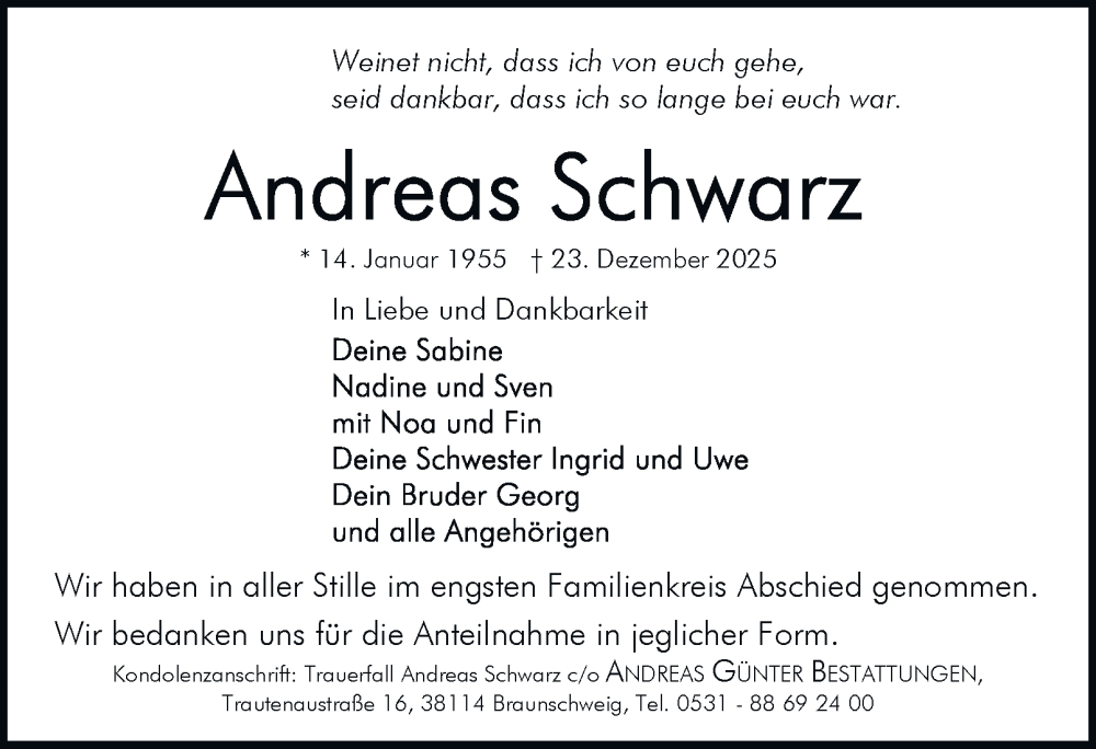  Traueranzeige für Andreas Schwarz vom 24.01.2026 aus 