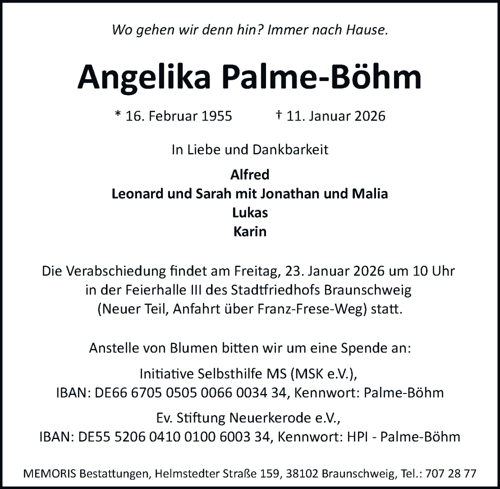  Traueranzeige für Angelika Palme-Böhm vom 21.01.2026 aus 