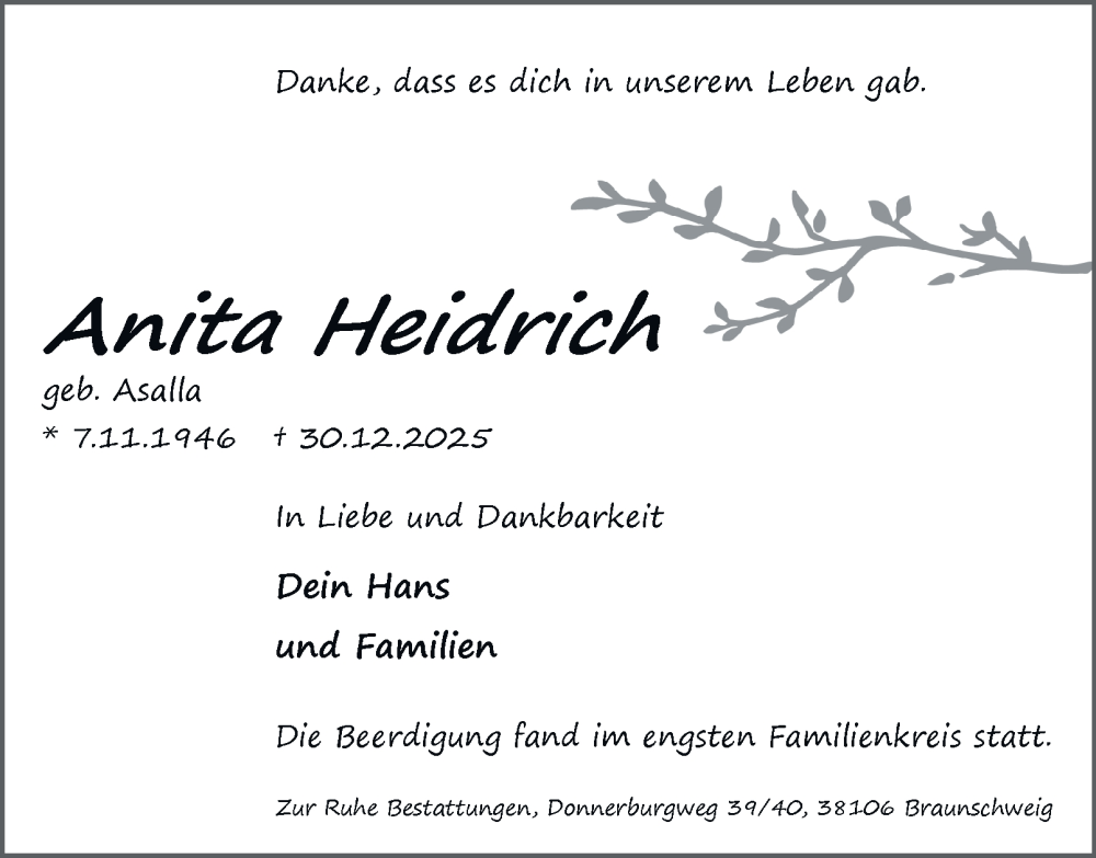  Traueranzeige für Anita Heidrich vom 10.01.2026 aus Braunschweiger Zeitung