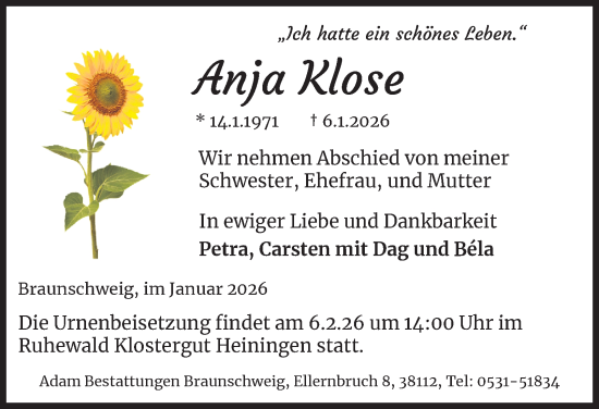 Traueranzeige von Anja Klose von Braunschweiger Zeitung