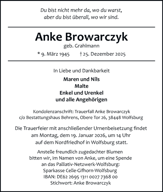 Traueranzeige von Anke Browarczyk von Braunschweiger Zeitung, Wolfsburger Nachrichten