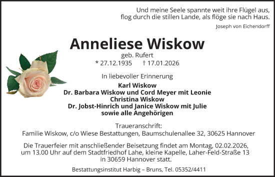 Traueranzeige von Anneliese Wiskow von Salzgitter-Zeitung
