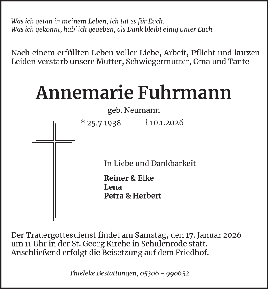  Traueranzeige für Annemarie Fuhrmann vom 14.01.2026 aus Wolfenbütteler Zeitung