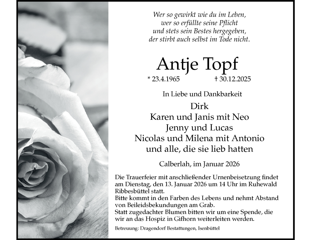  Traueranzeige für Antje Topf vom 10.01.2026 aus Braunschweiger Zeitung, Wolfsburger Nachrichten