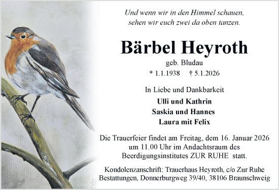 Traueranzeige von Bärbel Heyroth von Braunschweiger Zeitung