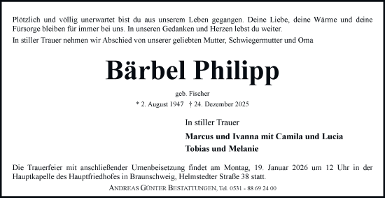 Traueranzeige von Bärbel Philipp von Braunschweiger Zeitung
