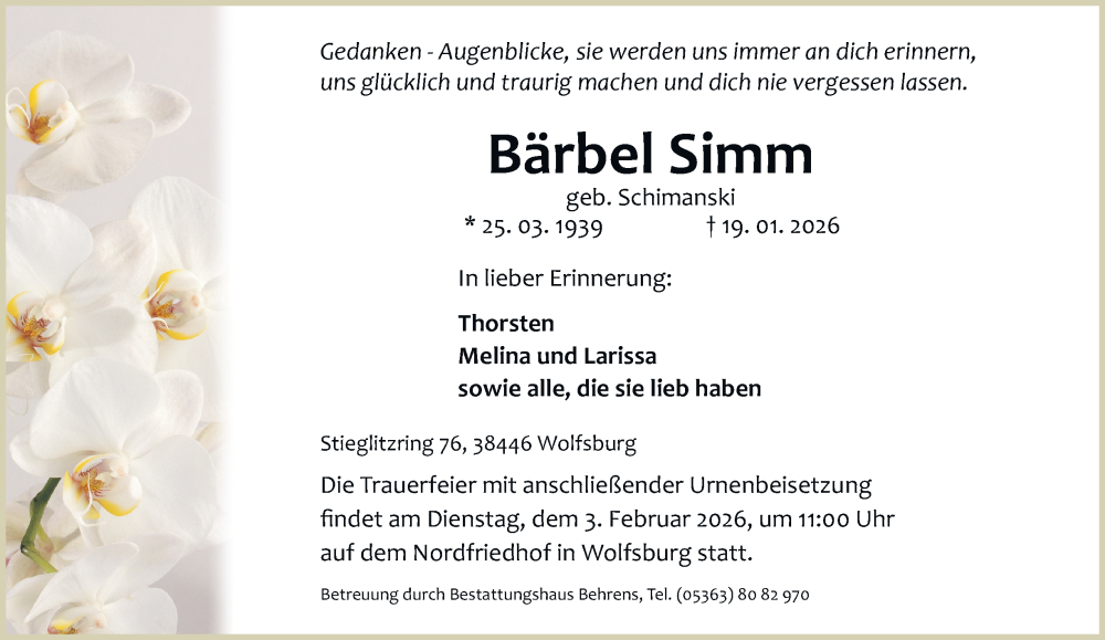  Traueranzeige für Bärbel Simm vom 24.01.2026 aus 