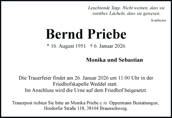 Traueranzeige von Bernd Priebe von Braunschweiger Zeitung
