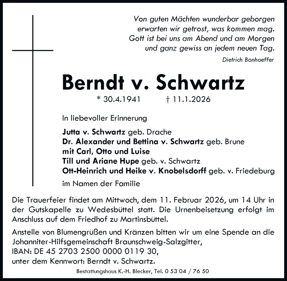  Traueranzeige für Berndt v. Schwartz vom 24.01.2026 aus 