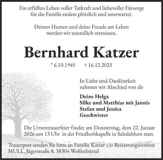 Traueranzeige von Bernhard Katzer von Braunschweiger Zeitung