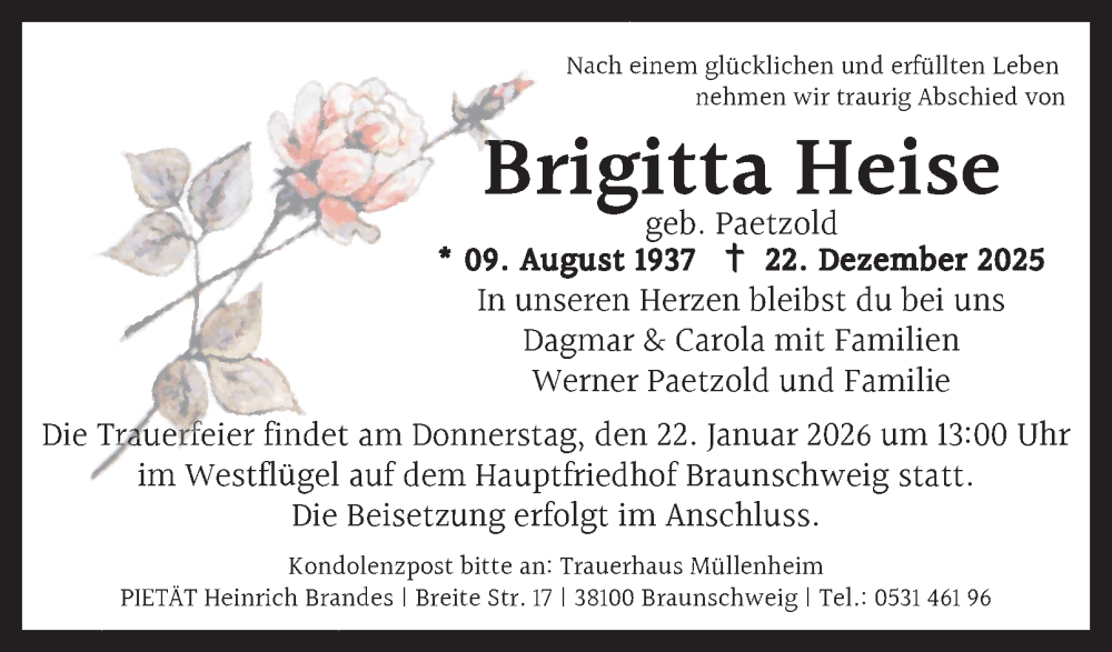  Traueranzeige für Brigitta Heise vom 17.01.2026 aus Braunschweiger Zeitung