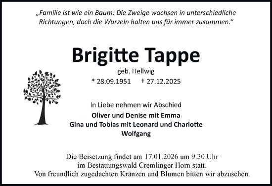 Traueranzeige von Brigitte Tappe von Braunschweiger Zeitung