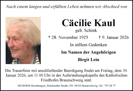 Traueranzeige von Cäcilie Kaul 