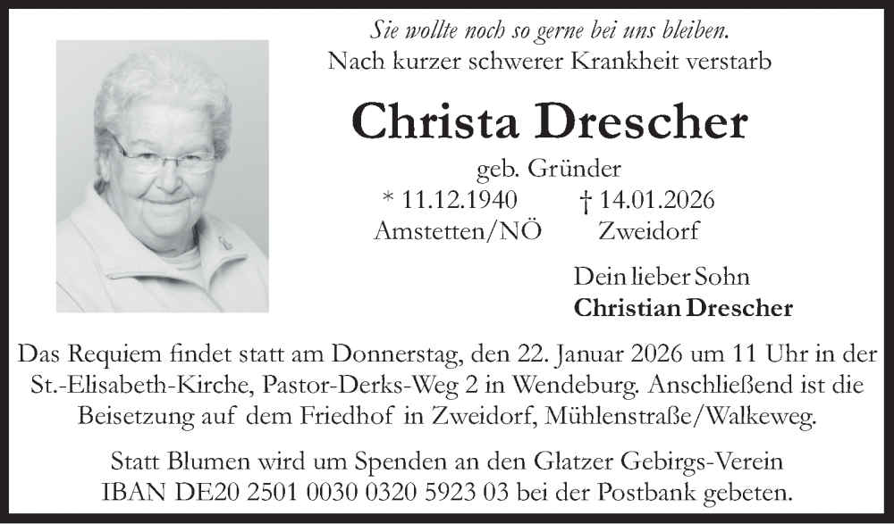  Traueranzeige für Christa Drescher vom 20.01.2026 aus 