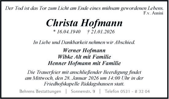 Traueranzeige von Christa Hofmann 