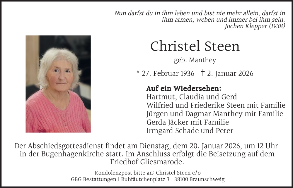  Traueranzeige für Christel Steen vom 10.01.2026 aus Braunschweiger Zeitung