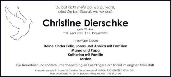 Traueranzeige von Christine Dierschke von Braunschweiger Zeitung